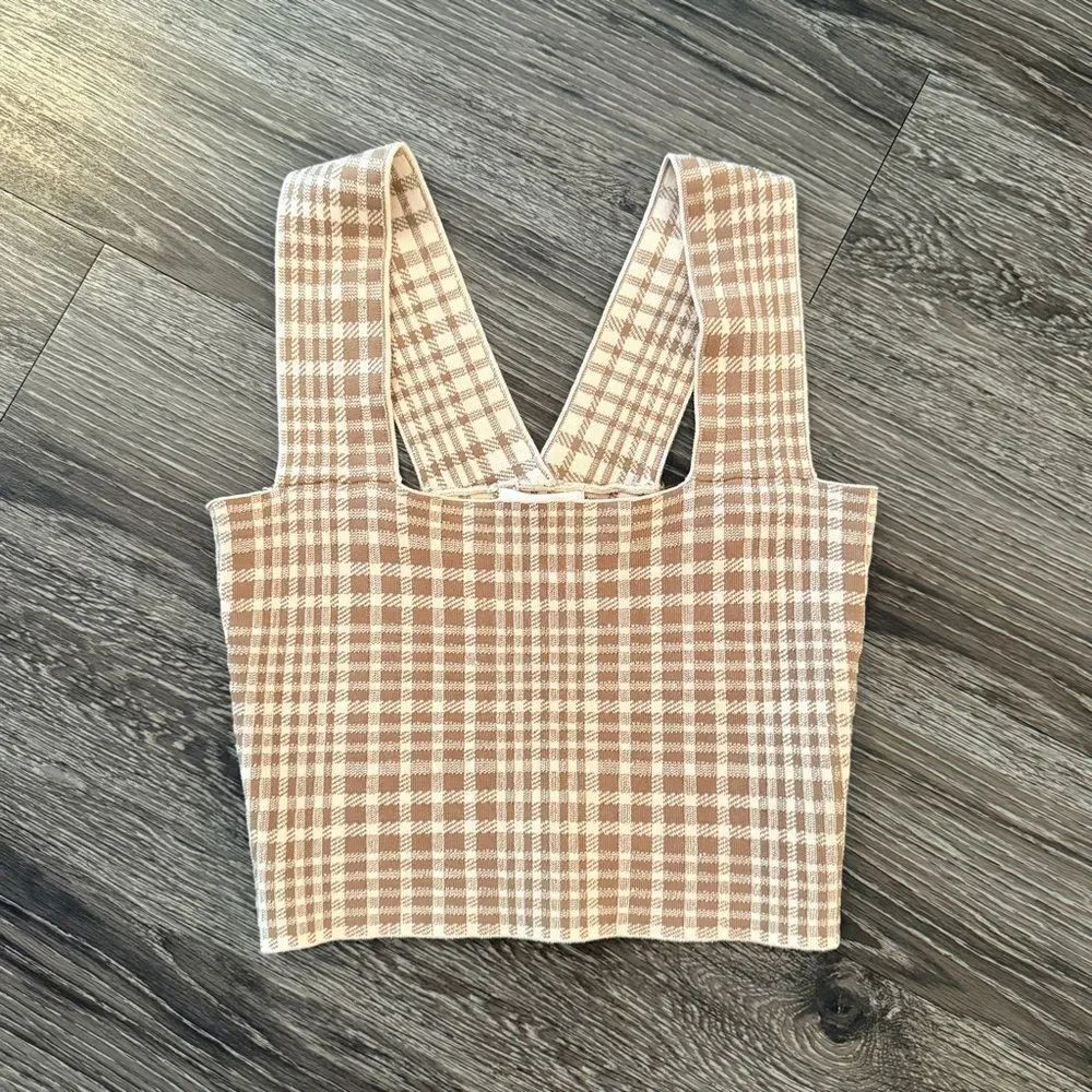 Bohme Tan Plaid Cross Strap Crop Top